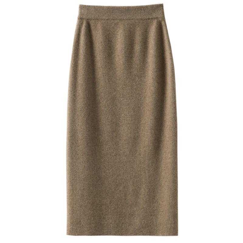 High-Waisted Slim Cashmere Knit Midi Skirt - Hip-Hugging 100% Wool Pencil Skirt for Women, Thickened for Autumn and Winter.