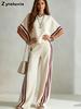 Summer New Women's Striped Patchwork Irregular Hem Casual Wide Leg Pants Two Piece Set