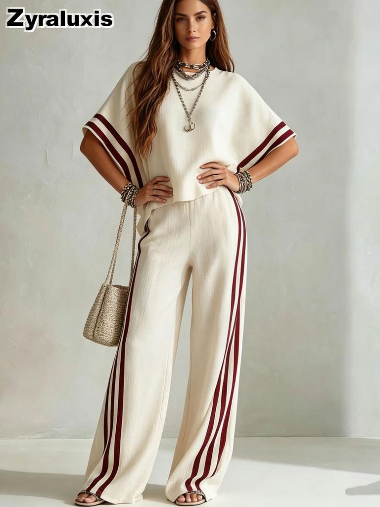 Summer New Women's Striped Patchwork Irregular Hem Casual Wide Leg Pants Two Piece Set