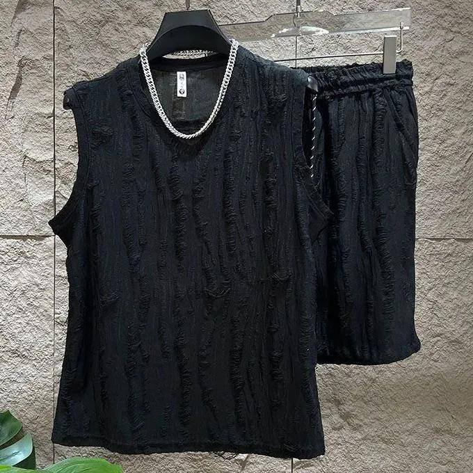 

Men s Summer Solid-Color Set: Sleeveless Crew Neck T-Shirt + Shorts Two-Piece Set L чорний