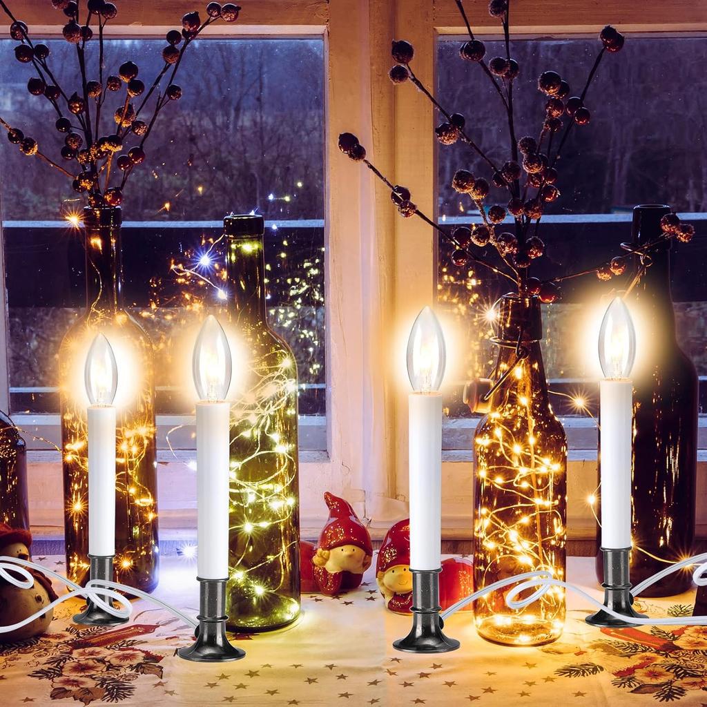 8 Pieces Electric Window Candle with Pewter Plated Base Window Candle Light Sensor Turns with Automatic On/Off for Home Christmas Holiday Party