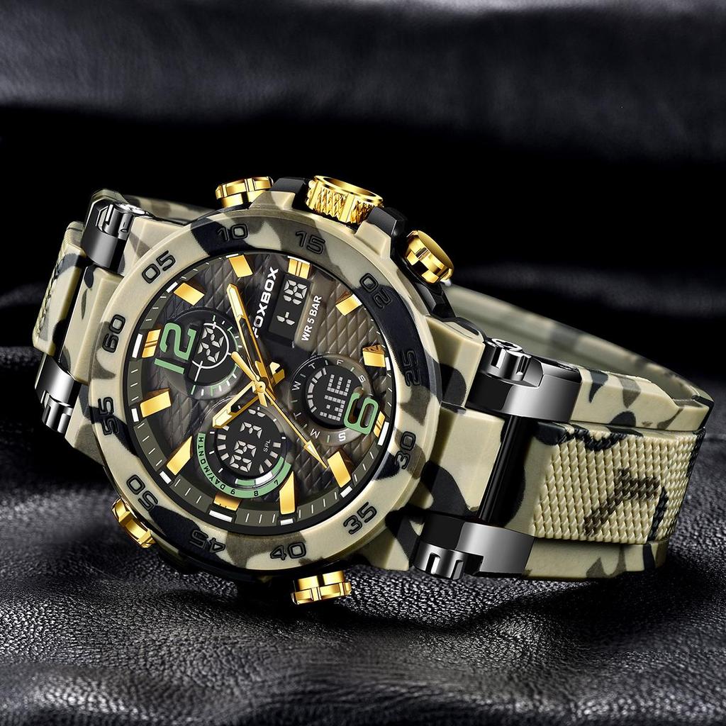 FOXBOX Orologio da Uomo Militare Mimetico Sportivo Orologio da Polso da Uomo Doppio Display Impermeabile Orologio Digitale da Uomo
