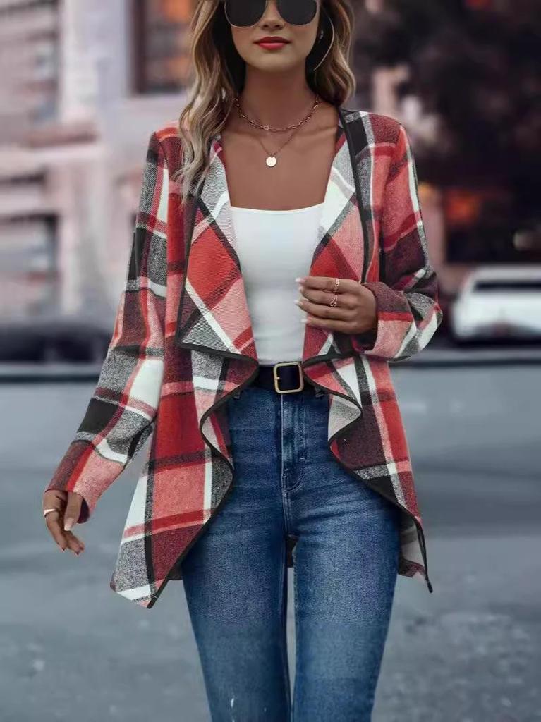 2024 Women's Plaid Print Long-sleeved Jacket - European & American Spring/Autumn Fashion