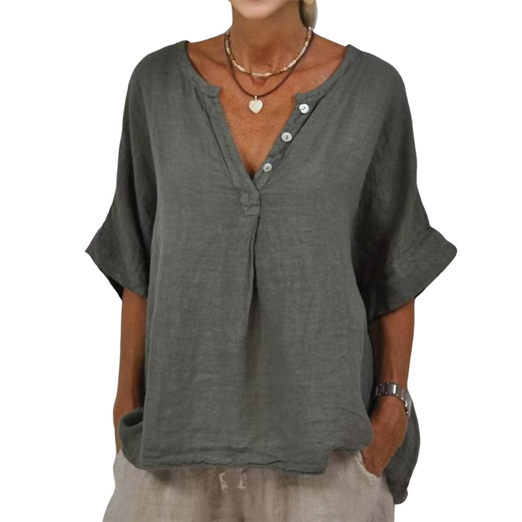Tricou de damă cu mânecă medie din bumbac și in, culoare solidă, cu guler în V, cu nasturi