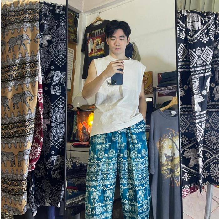 39 Designs Elephant Pants Loose Leg Adjustable Elastic Waistband StrapUnisex Women Men Print Thailand Casual Streetwear Boho Bohemian Retro Vintage