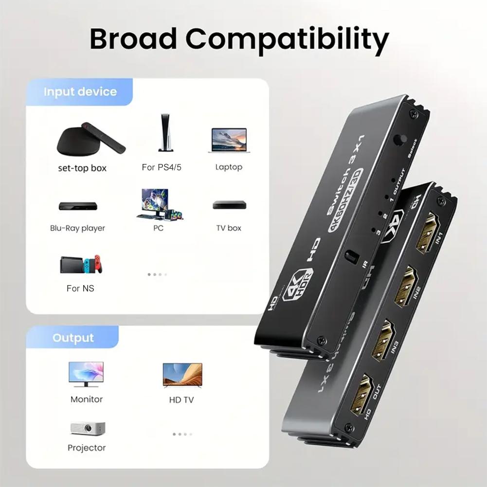 4K 120Hz Switch Splitter 3x1 Switcher Video Converter Plug and Play IR Remote Control for HD-DVD for PS3/4/5 for Xbox 360 Player