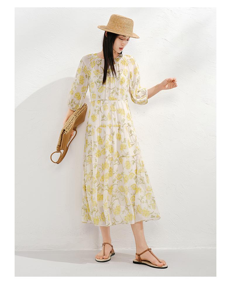 Jiuzi Anna Kou 100% Mulberry Silk Autumn Chrysanthemum Flap Waist Dress for Women 2025 Summer New Style