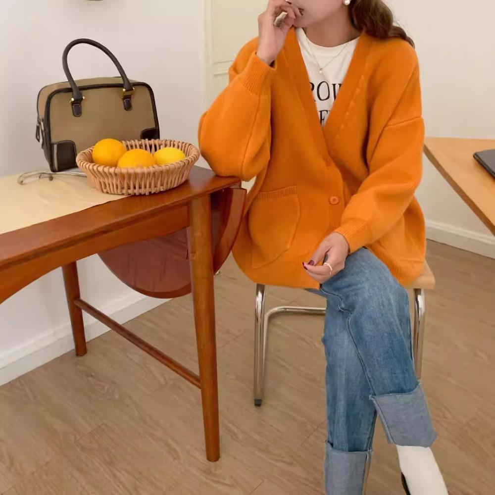 Solid Color Milk Style Autumn and Winter Sweater Cardigan Women's New Lazy Style Loose V-neck Gentle Knitted Coat Top