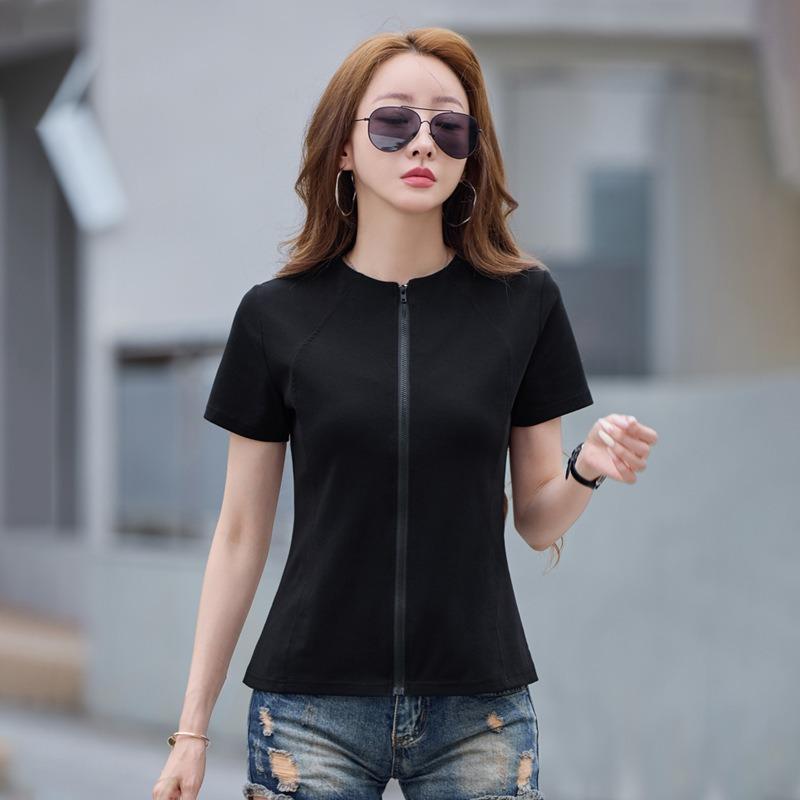 Letni Nowy Damski T-shirt z Czystej Bawełny Zapinany na Zamek Wyszczuplający z Krótkim Rękawem i Swobodny Elastyczny Kardigan Top w Dużym Rozmiarze
