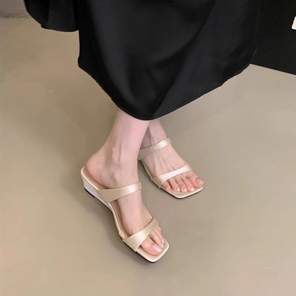 Temperament Satin Square Head Open-toed Sandals Summer New One-word with Wedge Heels Cool Slippers Women's Wear