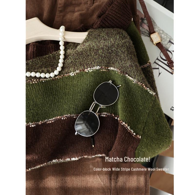 Matcha Chocolate Cashmere Wool Color Block Striped Knit Sweater - Women's Autumn Fashion