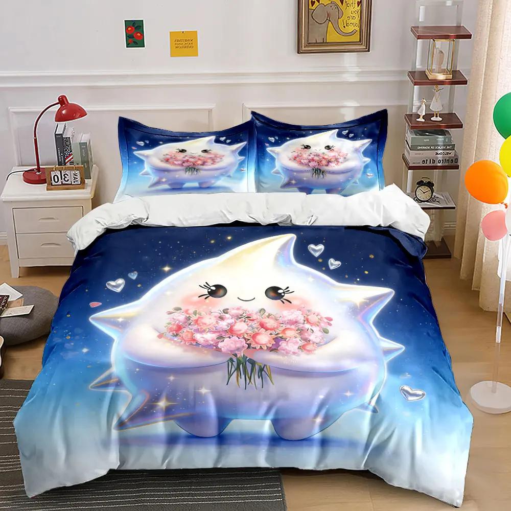 3Pcs Kawaii Star Bedding Set Cute Star Character Holding Pink Flowers Print Duvet Cover + 2 Pillowcases Magical Kids Decor