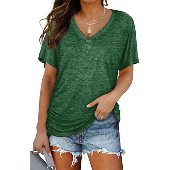 GMXIA Women's Solid Color Bat-sleeve Side Pleated V-neck Short-sleeved T-shirt