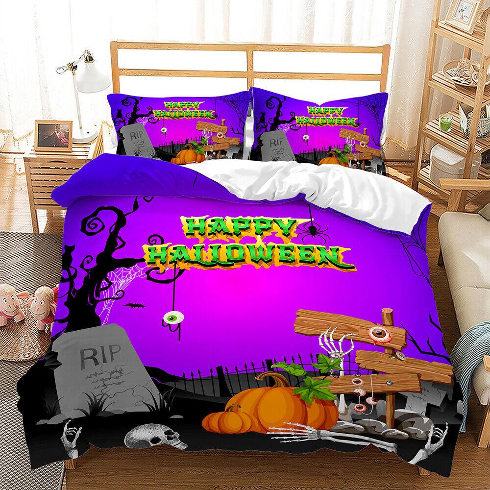 Pumpkin Lantern Halloween Ghost Witch Black Cat Doona Duvet Quilt Cover Bed Set