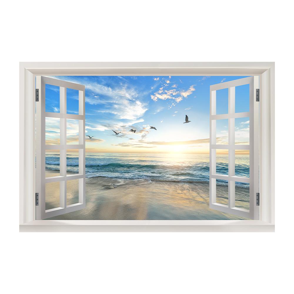 3D Window View Wall Art Beach Summer Beach Coconut Tree Wall Murals Print Art Canvas Poster For Living Room Pictur