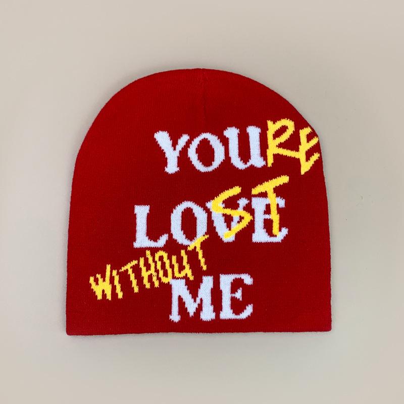 Letter Design Knitted Hat Men S And Women S Warm Contrast Color Hip Hop Skateboard Rap Pullover Hat 54-62cm красный