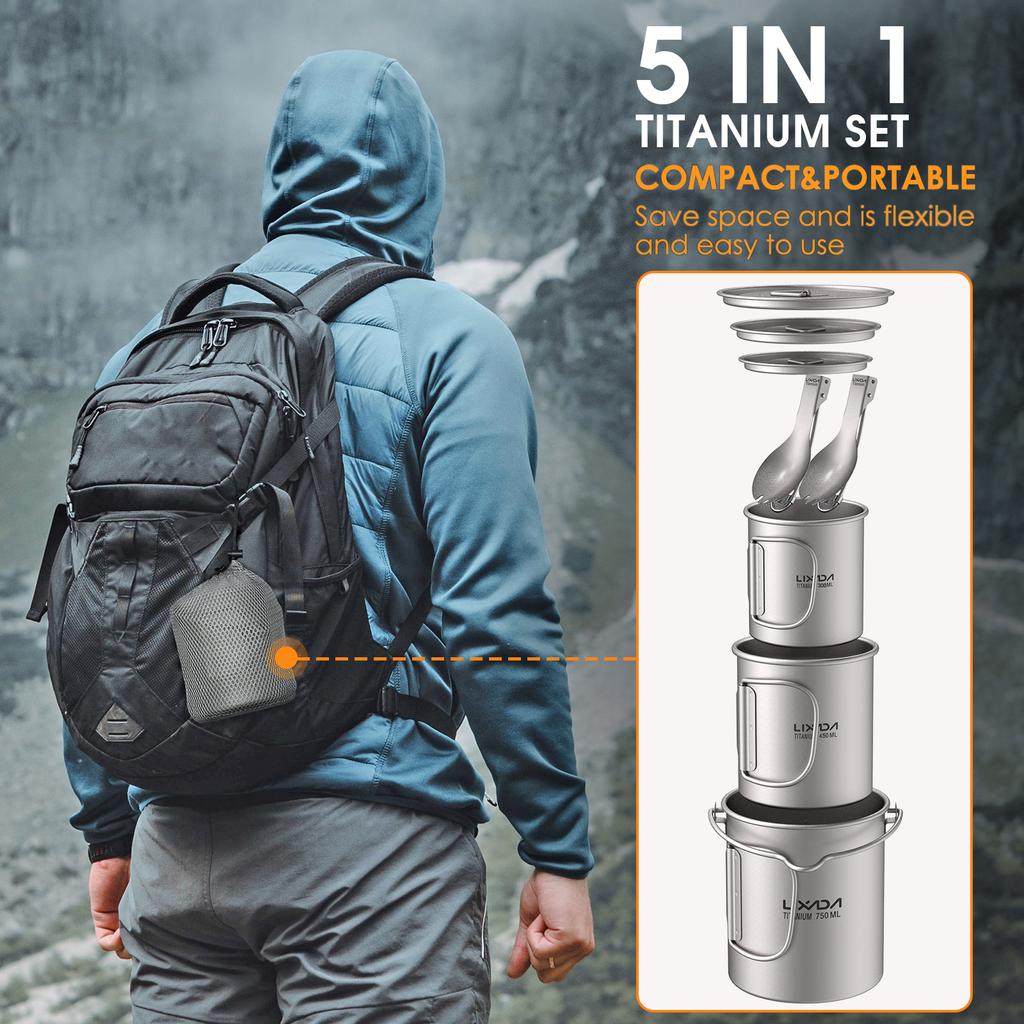 Lehká Ti 5dílná sada Ti 750ml hrnec 450ml a 350ml hrnek na vodu s víkem skládací rukojeť