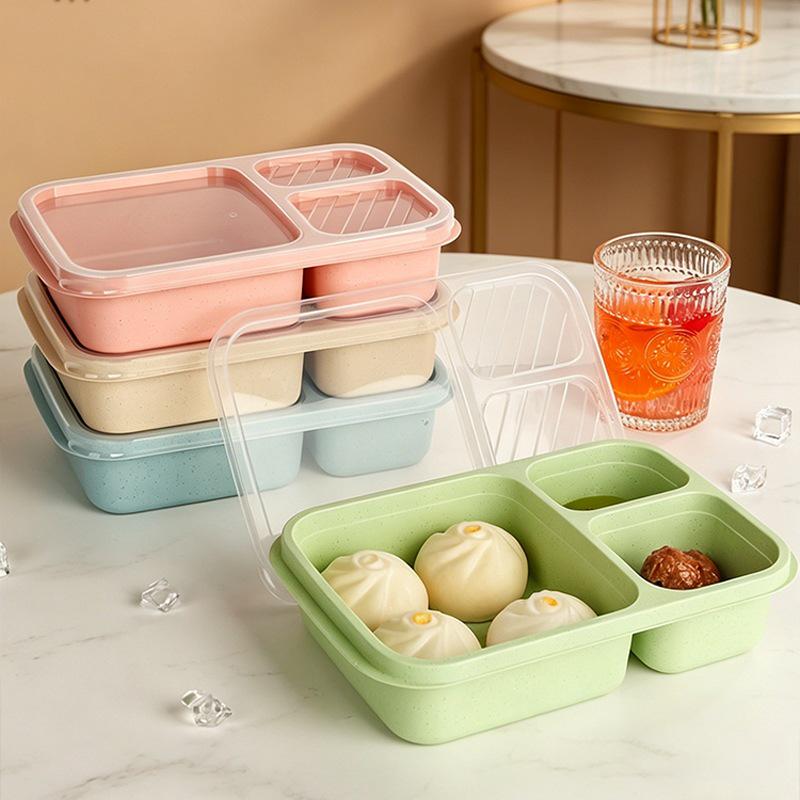 Wheat Straw 3-Compartment Lunch Box for Students & Office Workers - Reusable Plastic Bento Box