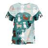 Women Shirt Animal Print Short Sleeve Top Shoulder Zipper Side Hook and Loop Closure Loose Fit Blouse
