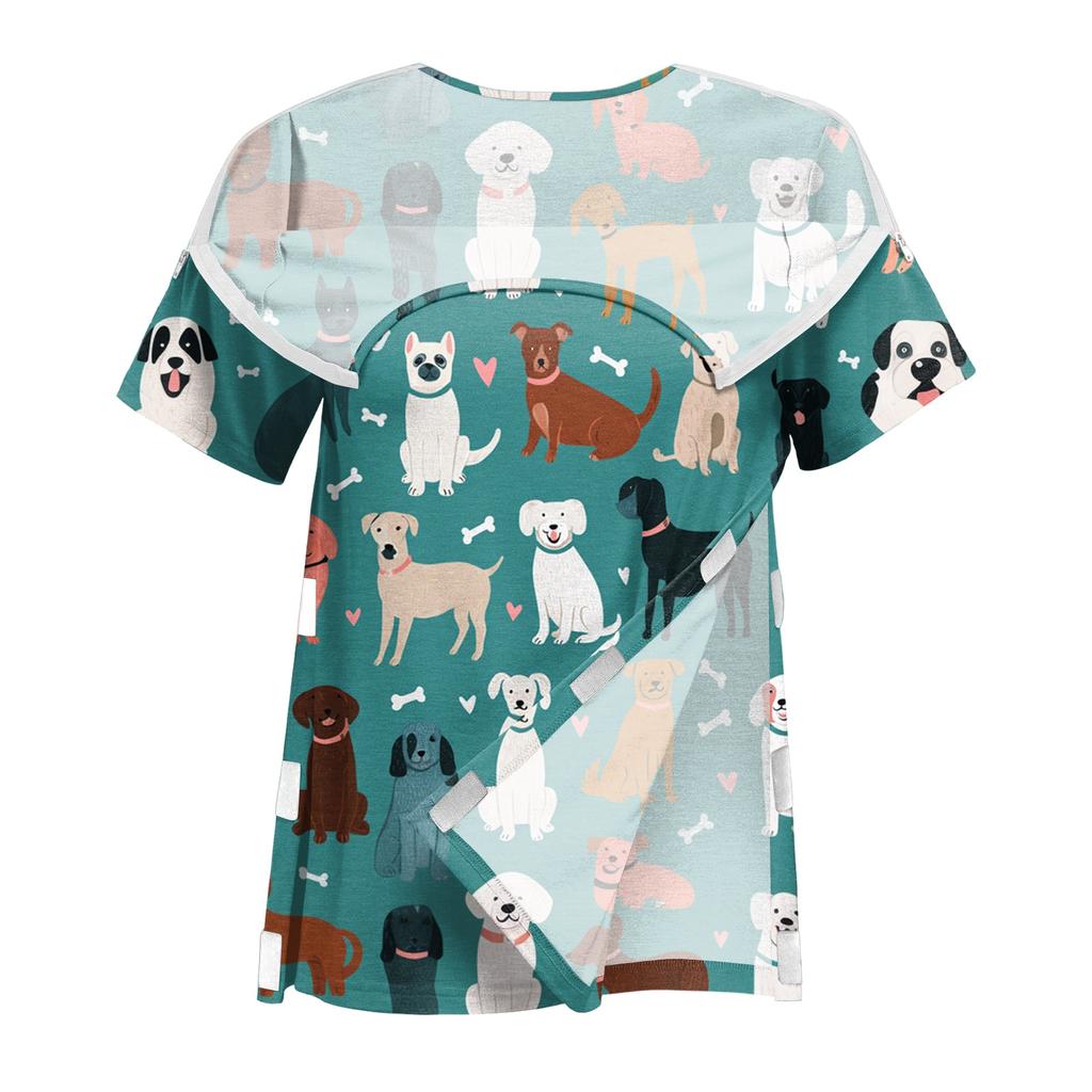 Women Shirt Animal Print Short Sleeve Top Shoulder Zipper Side Hook and Loop Closure Loose Fit Blouse