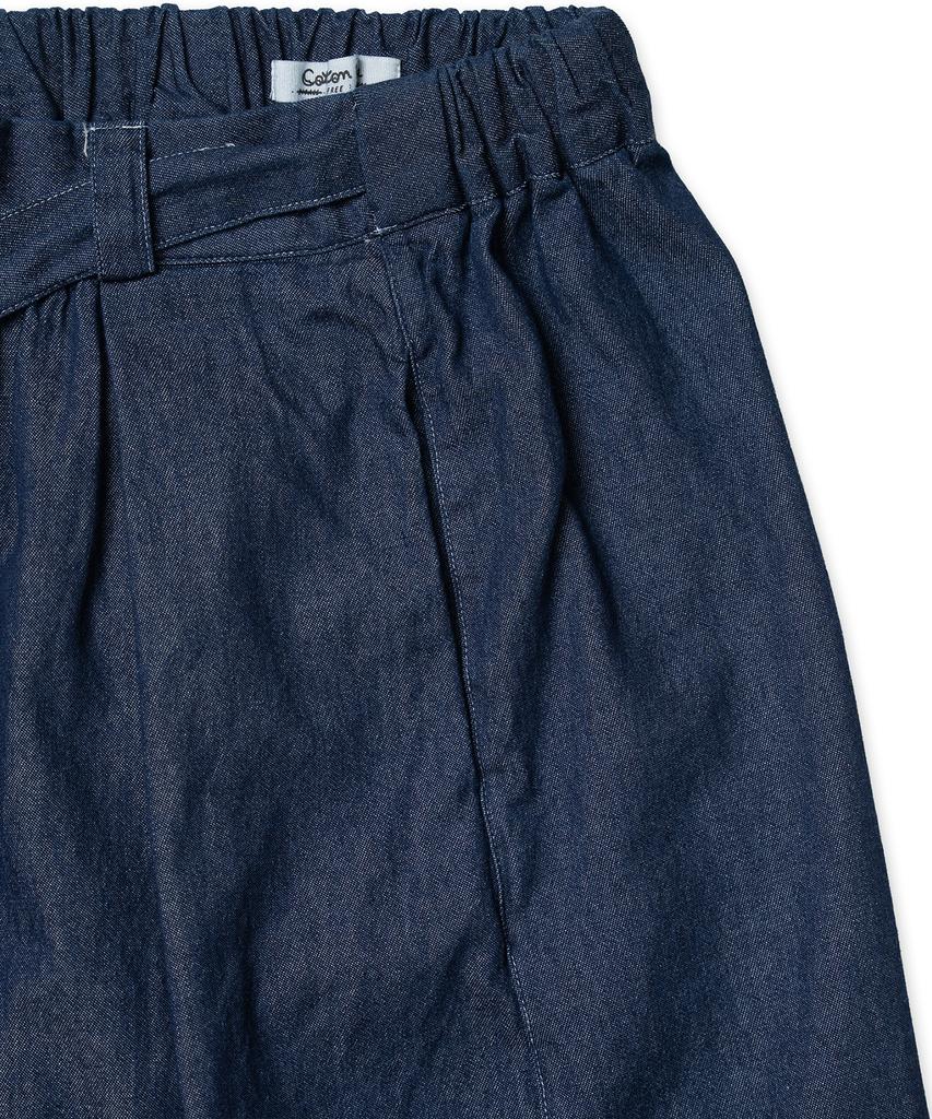Cotton Bell Waist Belt Shirred Denim Skirt - Indigo