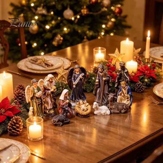 Christian Religious Gifts 11 Pcs Christmas Nativity Scene Set, Resin Mini Figurines Tabletop Decor, Indoor Creche Display Holy Family Angel