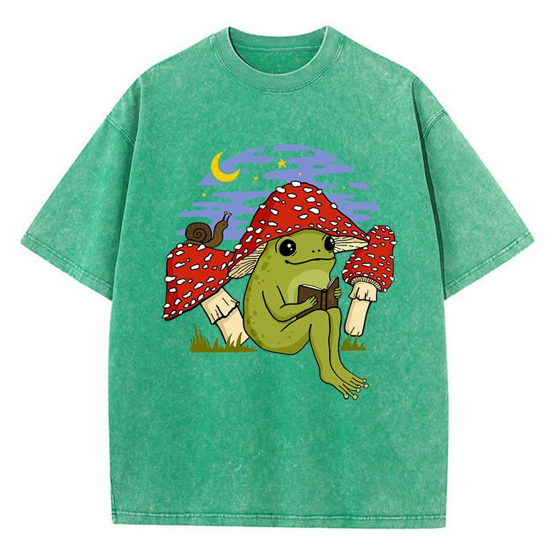 Cute Frog Mushroom Hat Reading Book Print Washed T-Shirt Women Jogging Cotton T Shirts Vintage Clothes Loose Short Sleeve