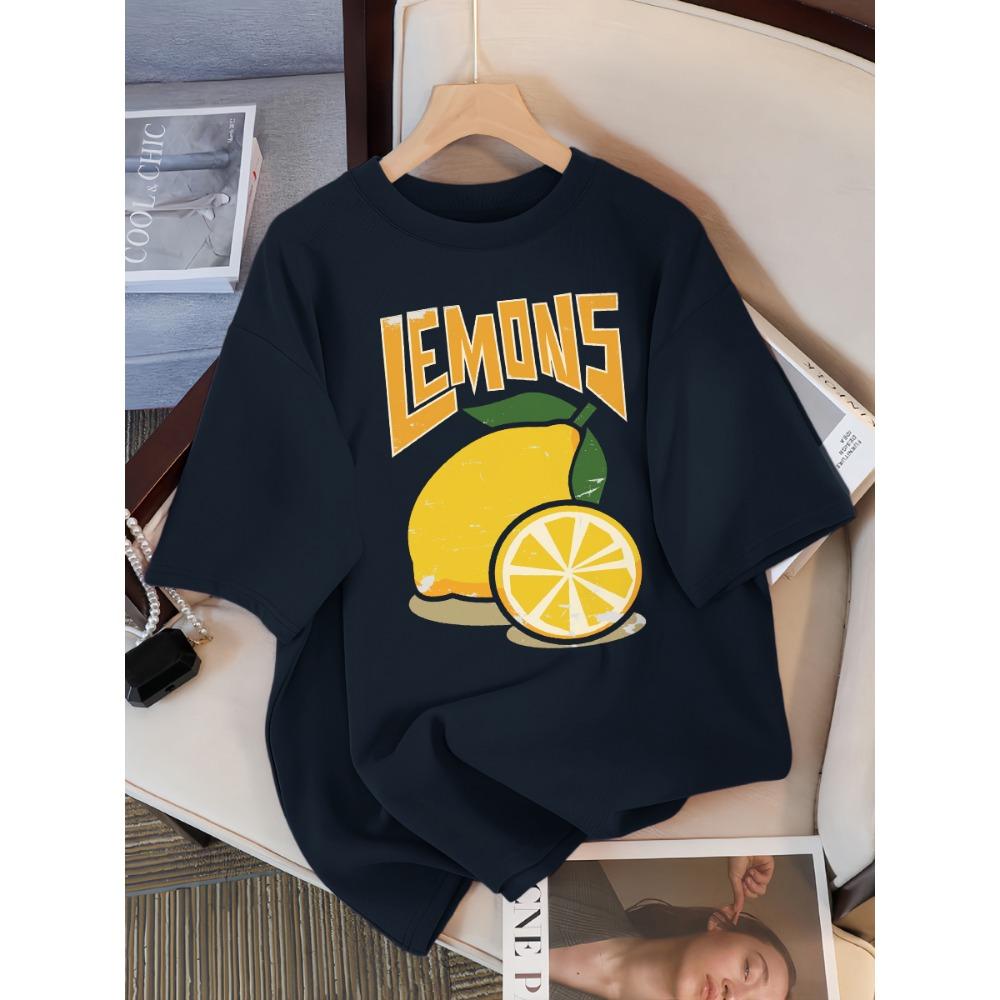 Taze Limon Meyvesi Baskılı Kadın Tişörtü Günlük Bol Kesim Tişörtler Nefes Alabilen Pamuk Kısa Kollu Rahat O Yaka Üstler