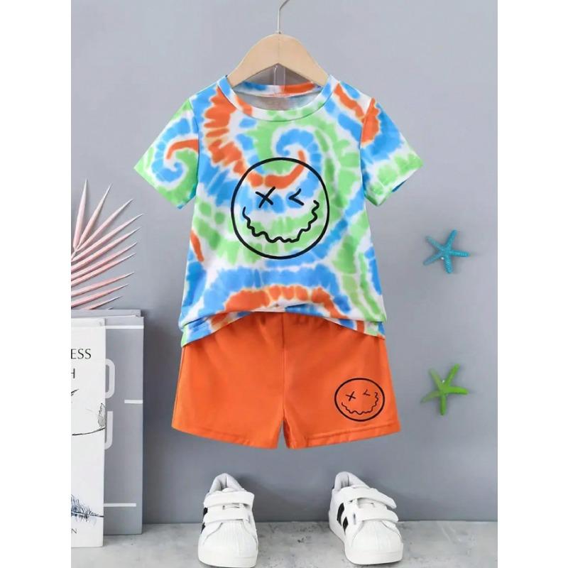 Summer boy s colorful tie dye smiley face print pattern short sleeved T-shirt top+smiley face pattern solid color shorts set 110