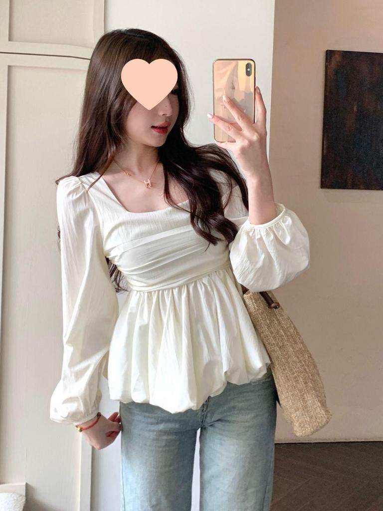 Plus Size Korean Style Babydoll Square Neck Top - Slimming Long Sleeve Shirt for Women