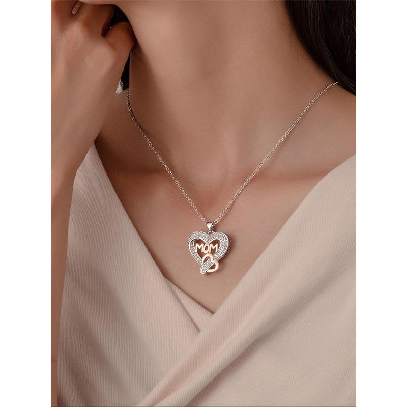 Mother's Day Gift Two Tone Full Rhinestone Heart MOM Pendant Necklace For Women Fashion Jewelry