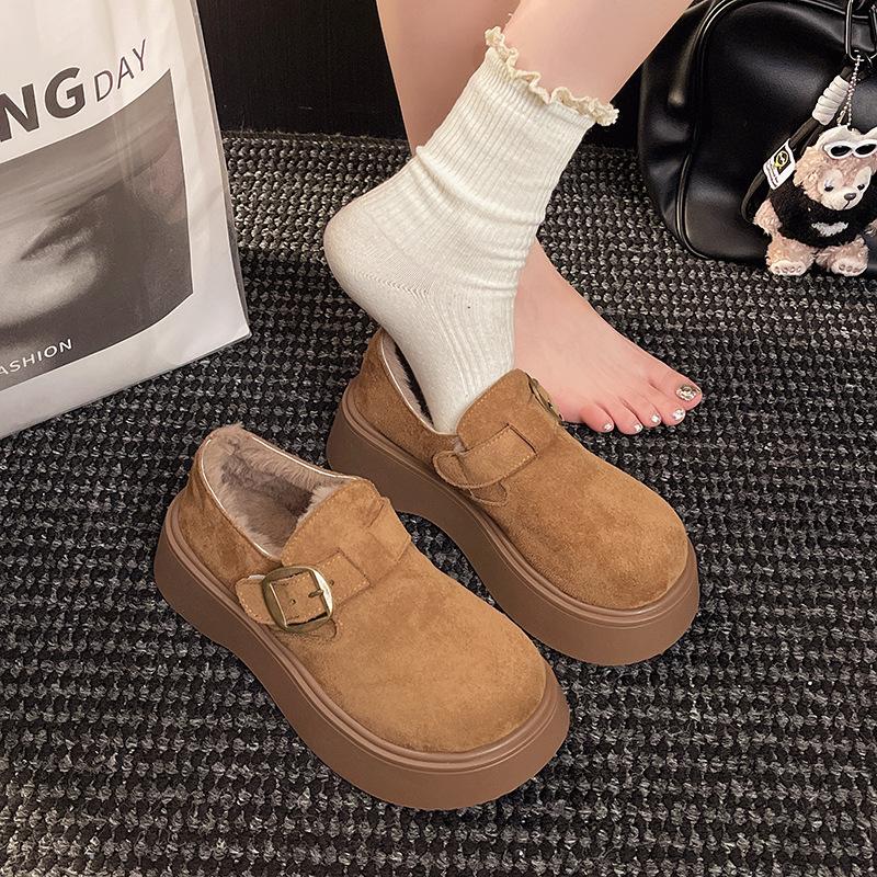 Fur Integrated Retro Birkenstocks Women's Winter New Heightening Thick-soled Fluffy Shoes Women's Loafer Velvet Warm Cotton Shoes