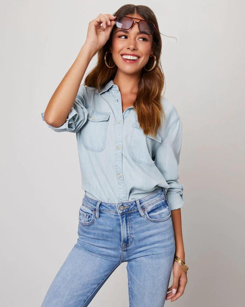 Simple Versatile White Denim Long Sleeve Casual Shirt for Women