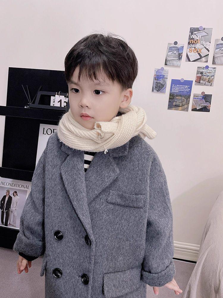 Chlapecký trenčkot střední délky v korejském stylu - Stylový jarní/podzimní vlněný svrchník s dvouřadým zapínáním a klopovým límcem.