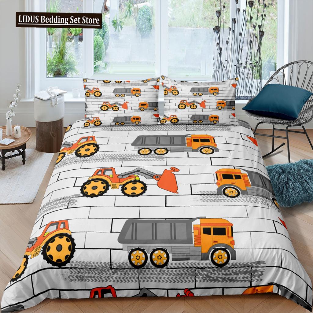 Cartoon Feuerwehrauto King Queen Bettwäscheset für Jungen Kinder Betonmischer Bettbezug Traktor Kran Bagger Polyester Quiltbezug