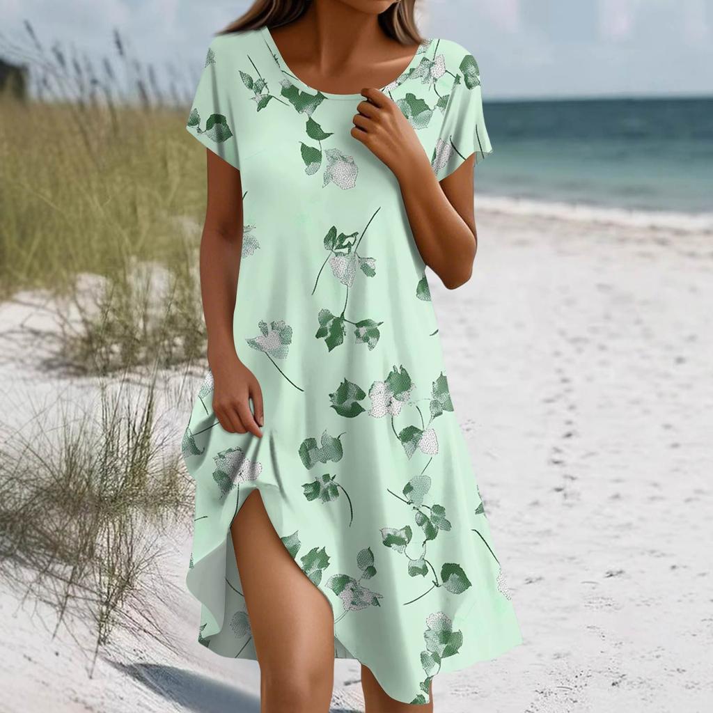 Women's Summer Short Sleeve Round Neck Floral Print Bohemian Dress With Pockets