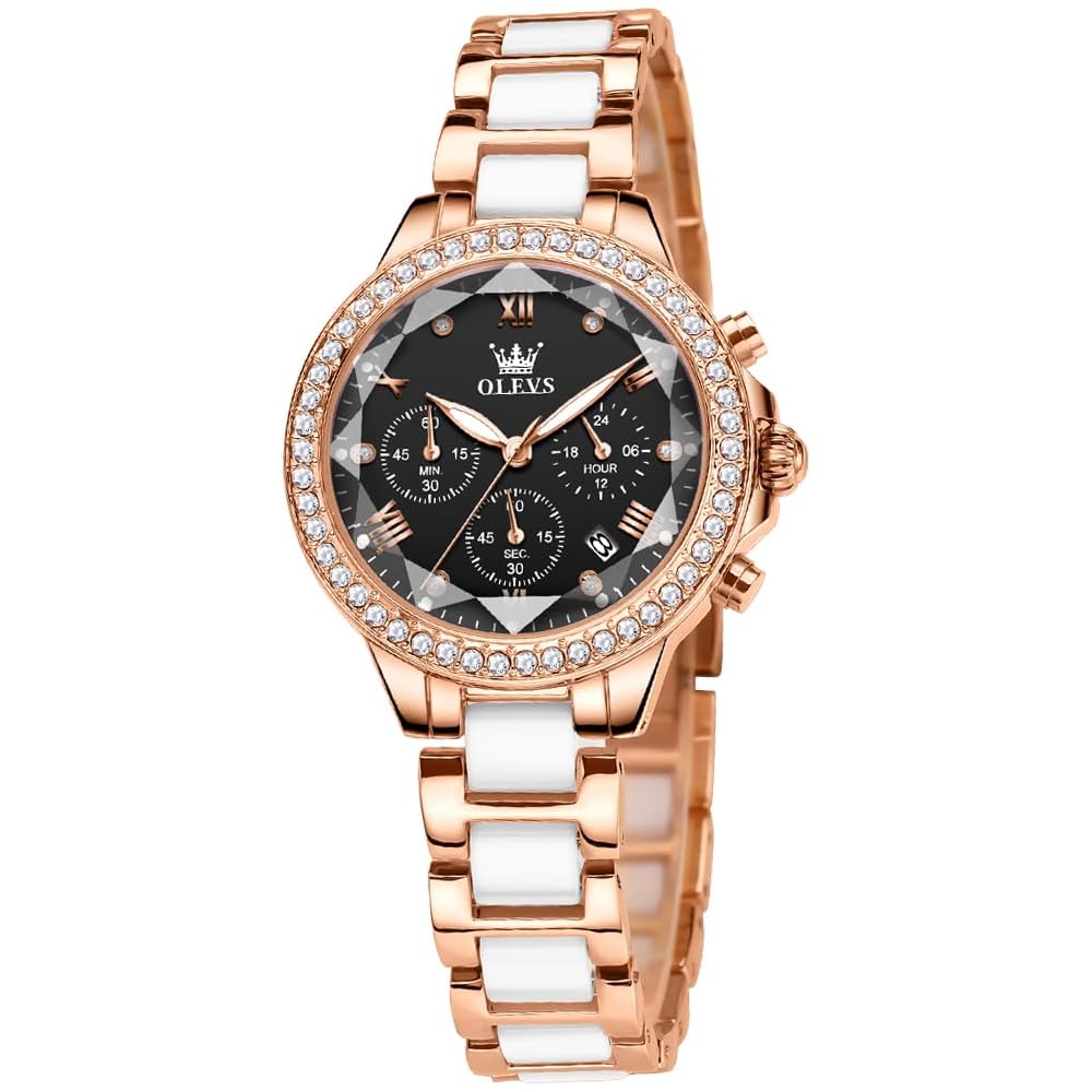 OLEVS Women s Elegant Rose Gold Automatic Mechanical Watch with Diamond Ceramic Band and Skeleton Design, Black/Rose Gold