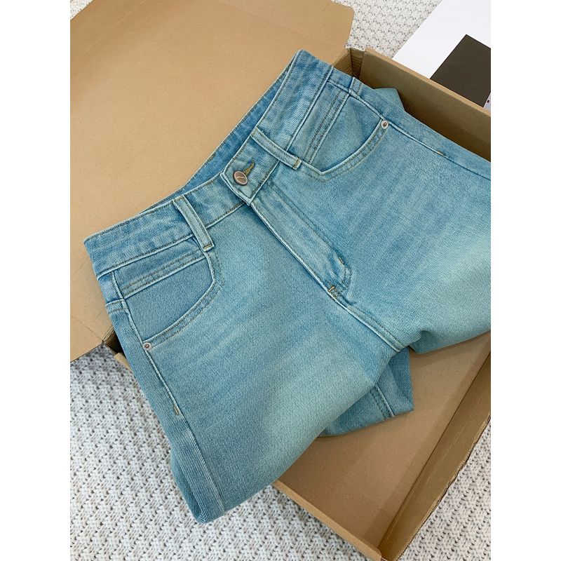 Summer New Style Blue Straight-Leg Jeans for Women, Plus-Size, High-Waisted, Hip-Covering, Slimming, Stretchy Straight Pants