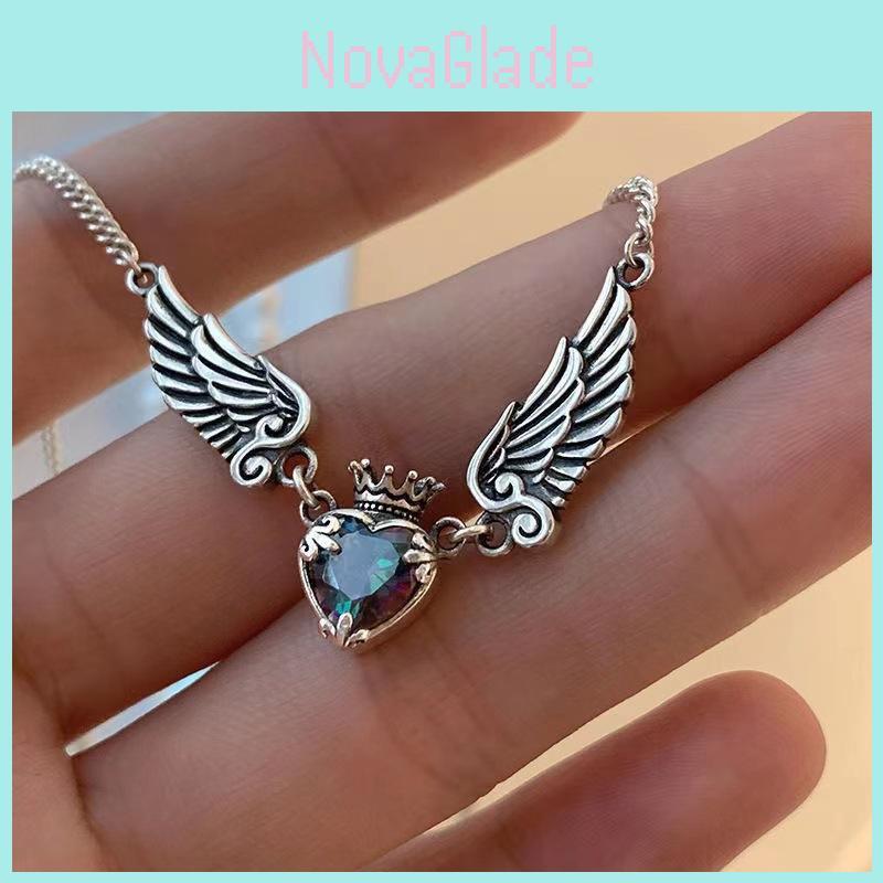 Vintage Inspired Heart Crown Wings Necklace With Crystal Accents For Womens Fashion