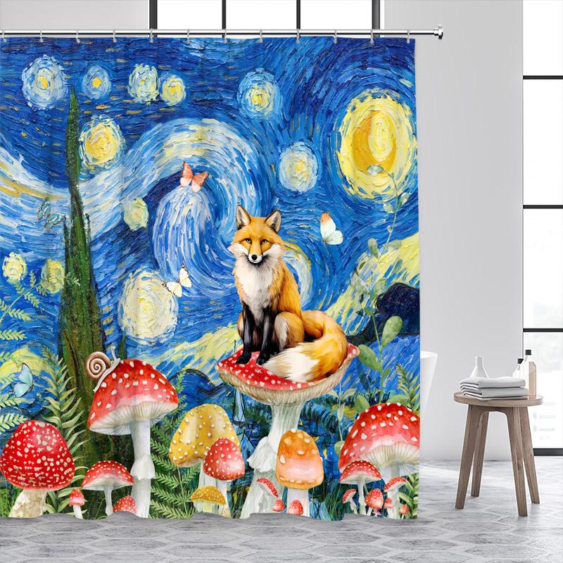Funny Fox Shower Curtain Autumn Forest Maple Leaves Animal Fall Art Scenery Bath Curtains Fabric Home Bathroom Decor with Hooks