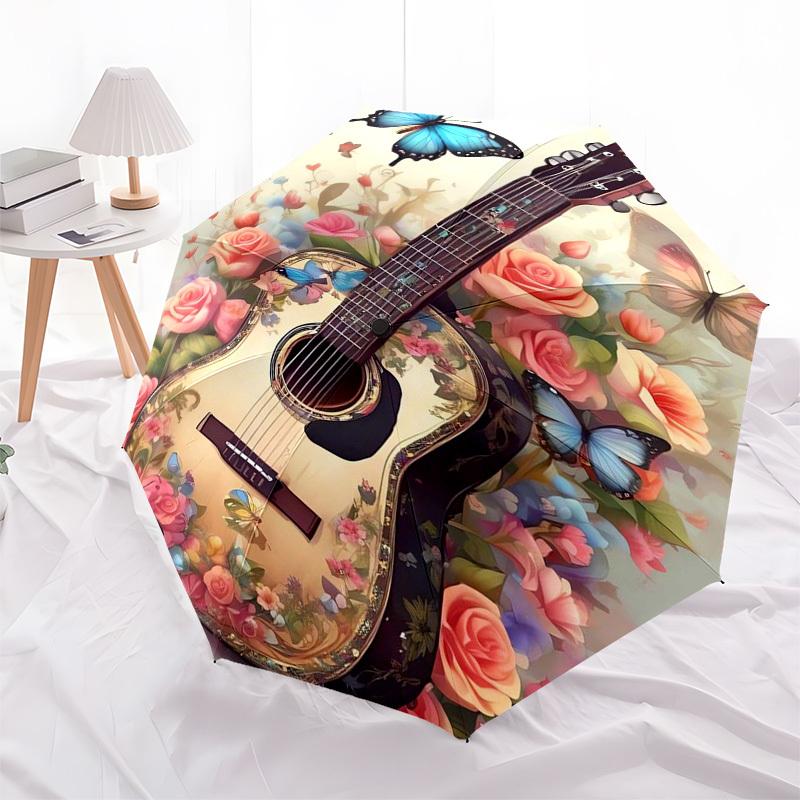 

1pc Floral Guitar with Butterflies Umbrella with Plastic Handle,Suitable for All Seasons Home Travel Outdoor Umbrellaptys31014