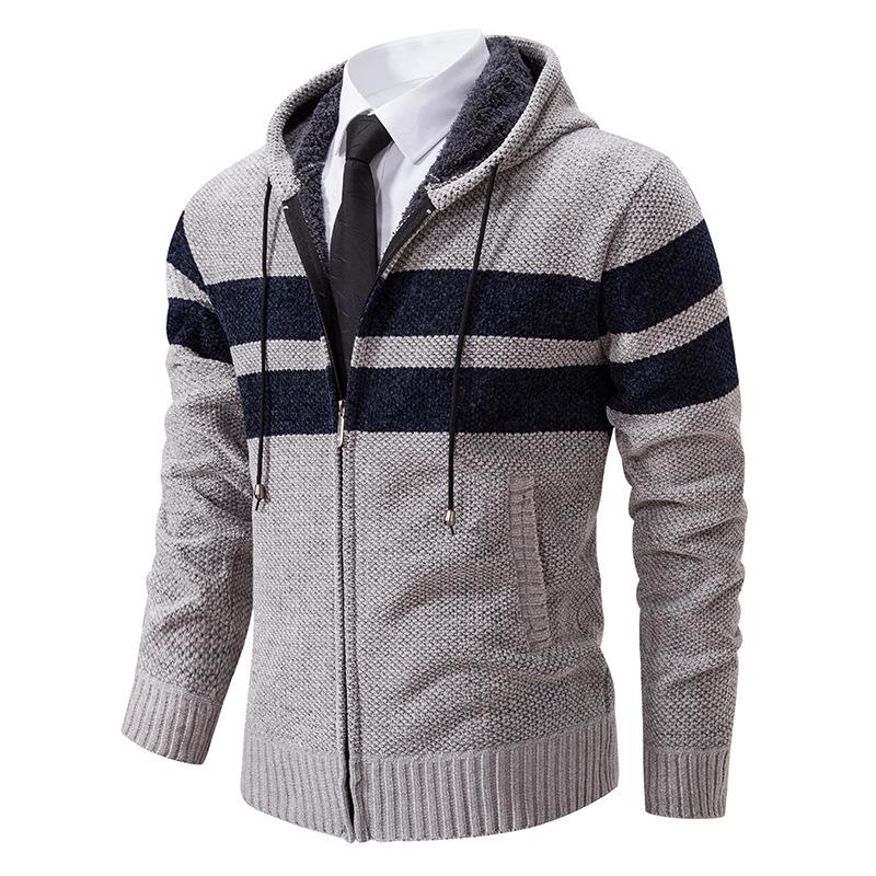 Men's Fall Winter New Fleece Lined Thick Hooded Knit Cardigan, Casual Sweater Outerwear
