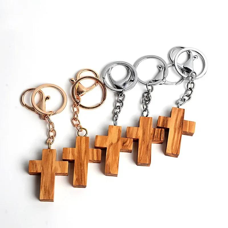 Olive Wood Cross Keychain Creative Handmade Wooden Cross Pendant DIY Decoration Pendant Holiday Gift