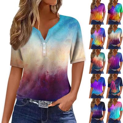Damska koszulka T-shirt z nadrukiem Przycisk z krótkim rękawem Codzienny weekend Moda Podstawowy Dekolt w kształcie litery V Regularny top