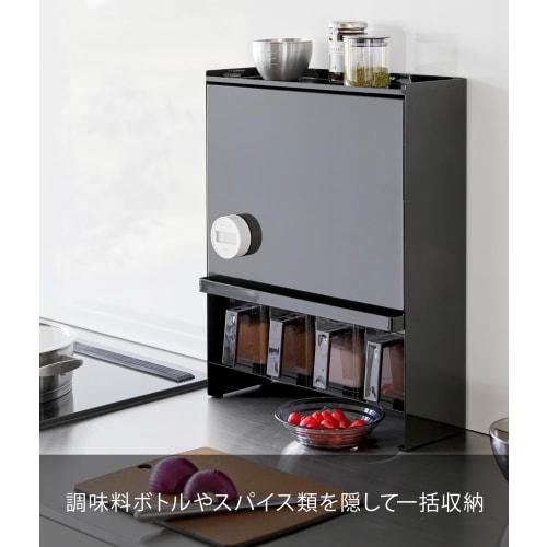 Yamazaki Tower (Complete Product) Front-Opening Condiment Rack, Black, Approx. W38 x D16.3 x H49.2cm, Large Capacity, Stovetop Kitchen Rack, Dirt Prot