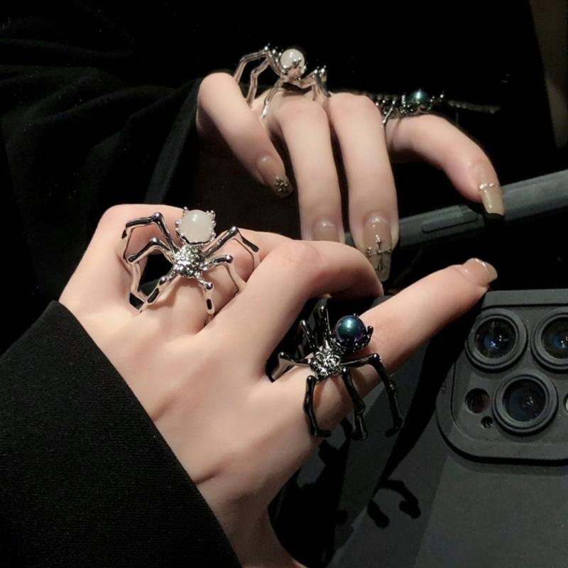 Gothic Punk Spiders Ring With Mysterious Moonstone Adjustable Size For Women Unique Dark Art Jewelry