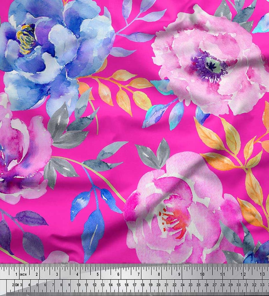 Soimoi Japan Crepe Satin Fabric Leaves & Peony Flower Print Fabric by the Metre 42 Inch