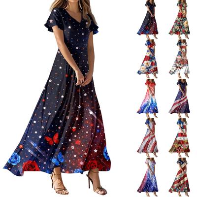 Women's Summer Casual Fashion Print Color Dresses V-Neck Short Sleeve Dresses