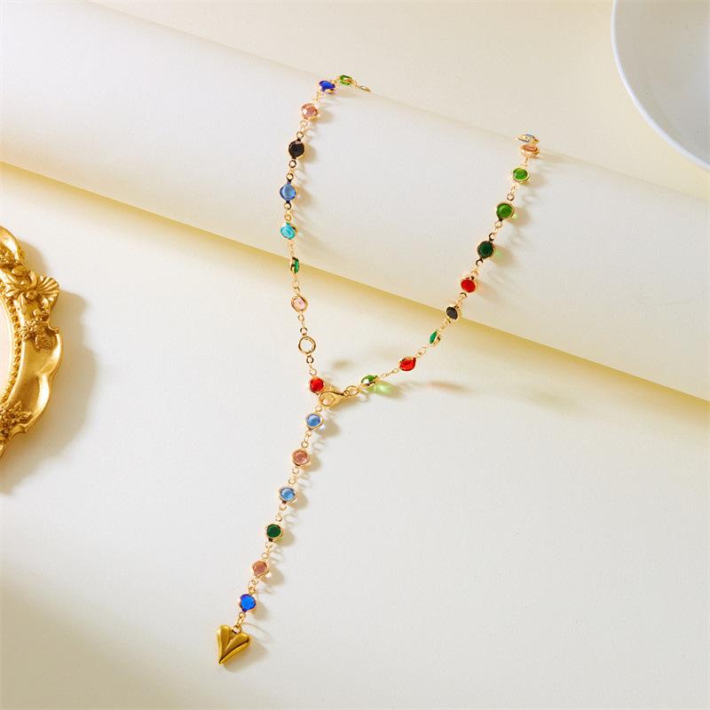 Trendy Gold Silver Color Glass Long Y-Shaped Heart Pendant Necklace Metal Clavicle Chain Bohemian Body Jewelry Party Gifts