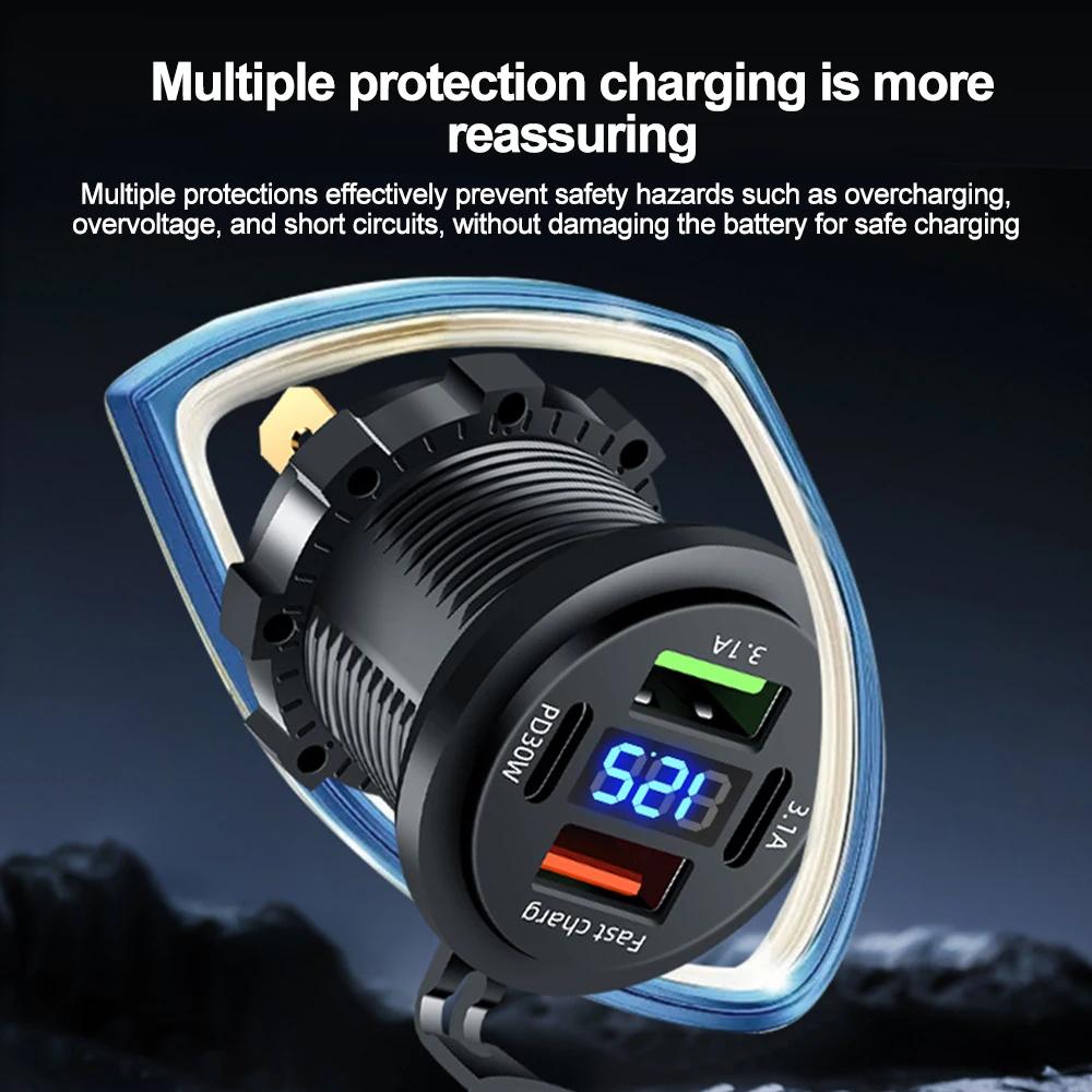 4 Port Car Charger Socket PD 30W Fast Charging Dual USB+Type C Outlet Phone Power Adapter with Voltmeter for Motorcycle Truck Boat